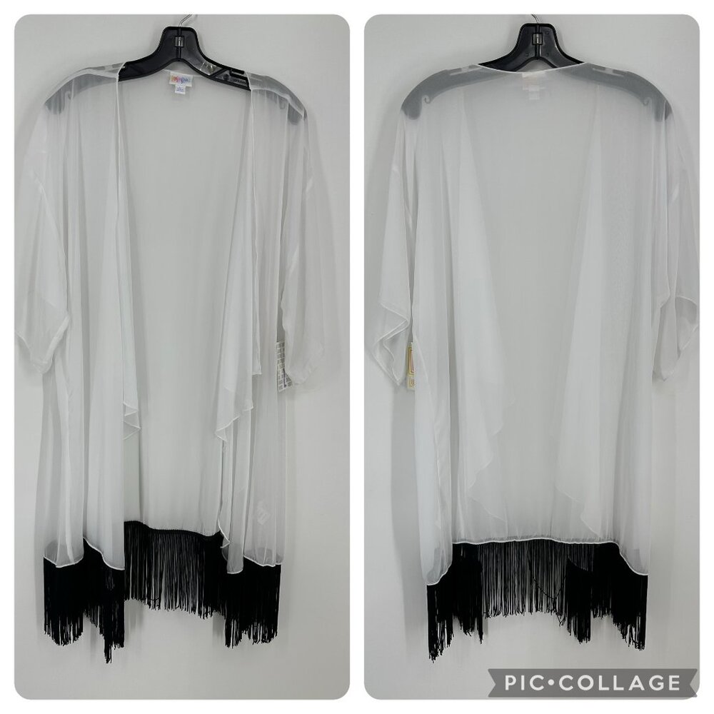 3/$25 LulaRoe Sheer Fringe Monroe Kimono Cardigan Top L White Black Boho NWT